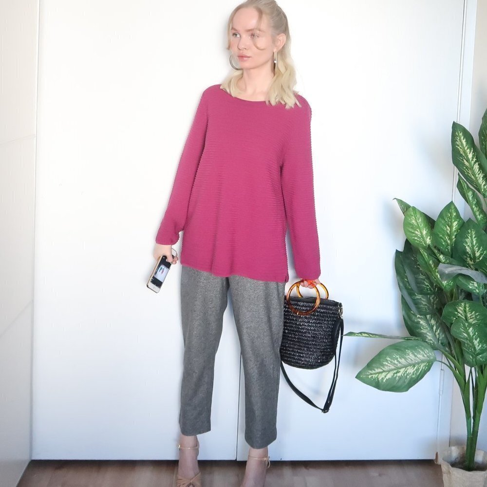 Eileen Fisher Pink/ Fuchsia Jewel Neck Ribbed Sweater